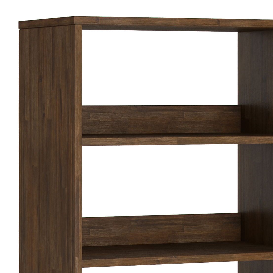 A close-up of the Chase Tall Bookcase in Rustic Natural Aged Brown, showing three horizontal shelves and a simple, modern design.