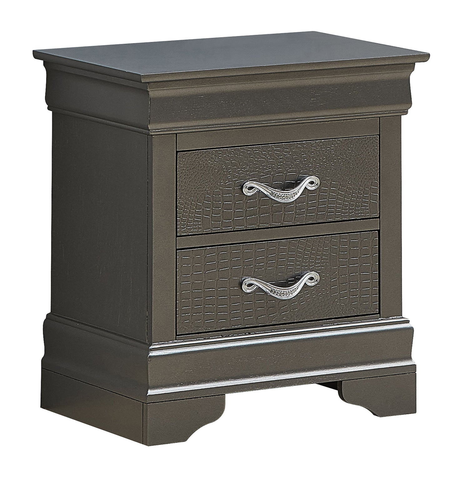 The Lorana Nightstand is a dark wood piece with two textured drawers, curved silver handles, a flat base, and decorative trim.