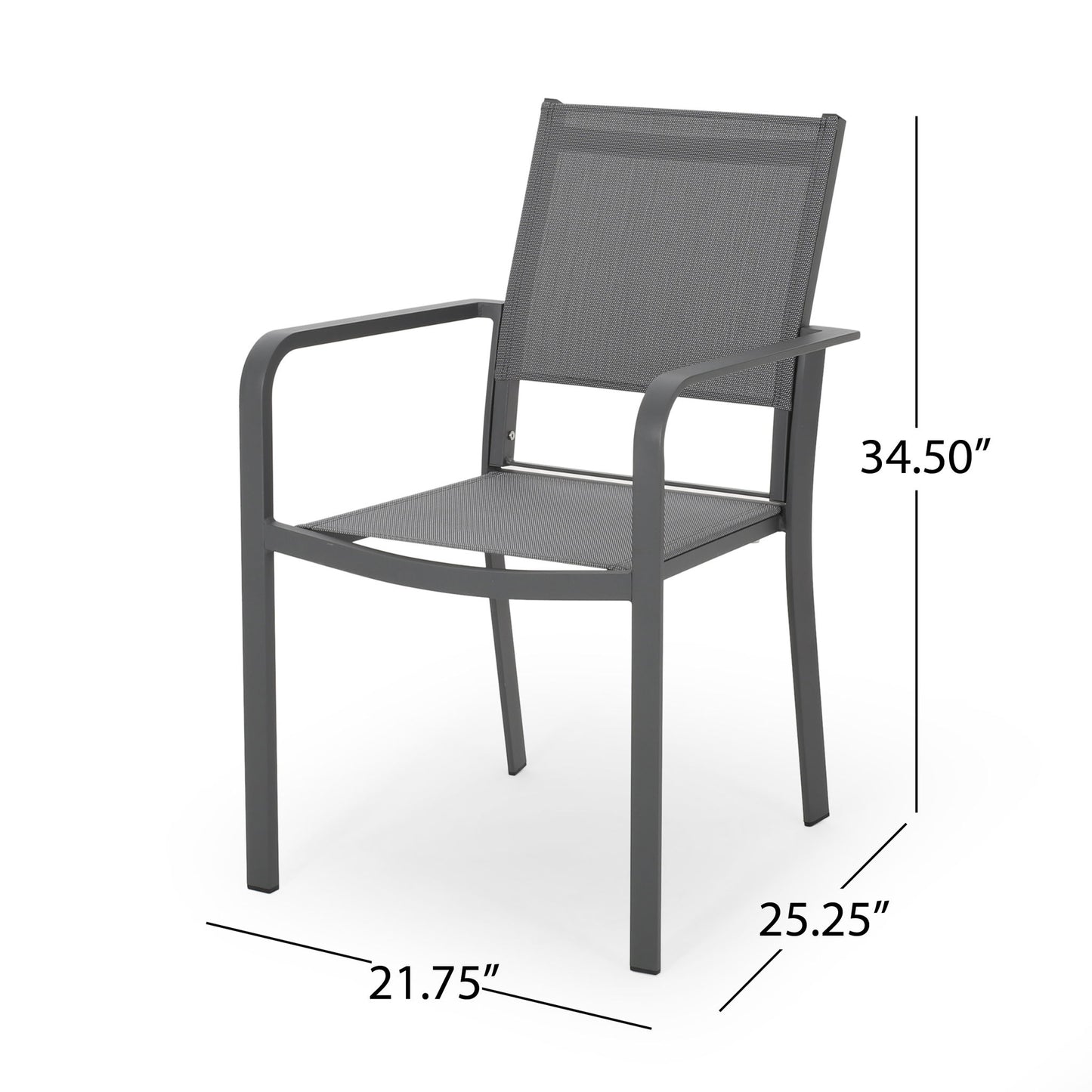 The Waterfal Outdoor Aluminum Dining Chair (Set of 2) features a modern gray metal frame with armrests and mesh seat and back. Each chair measures 34.5" tall, 25.25" deep, and 21.75" wide.