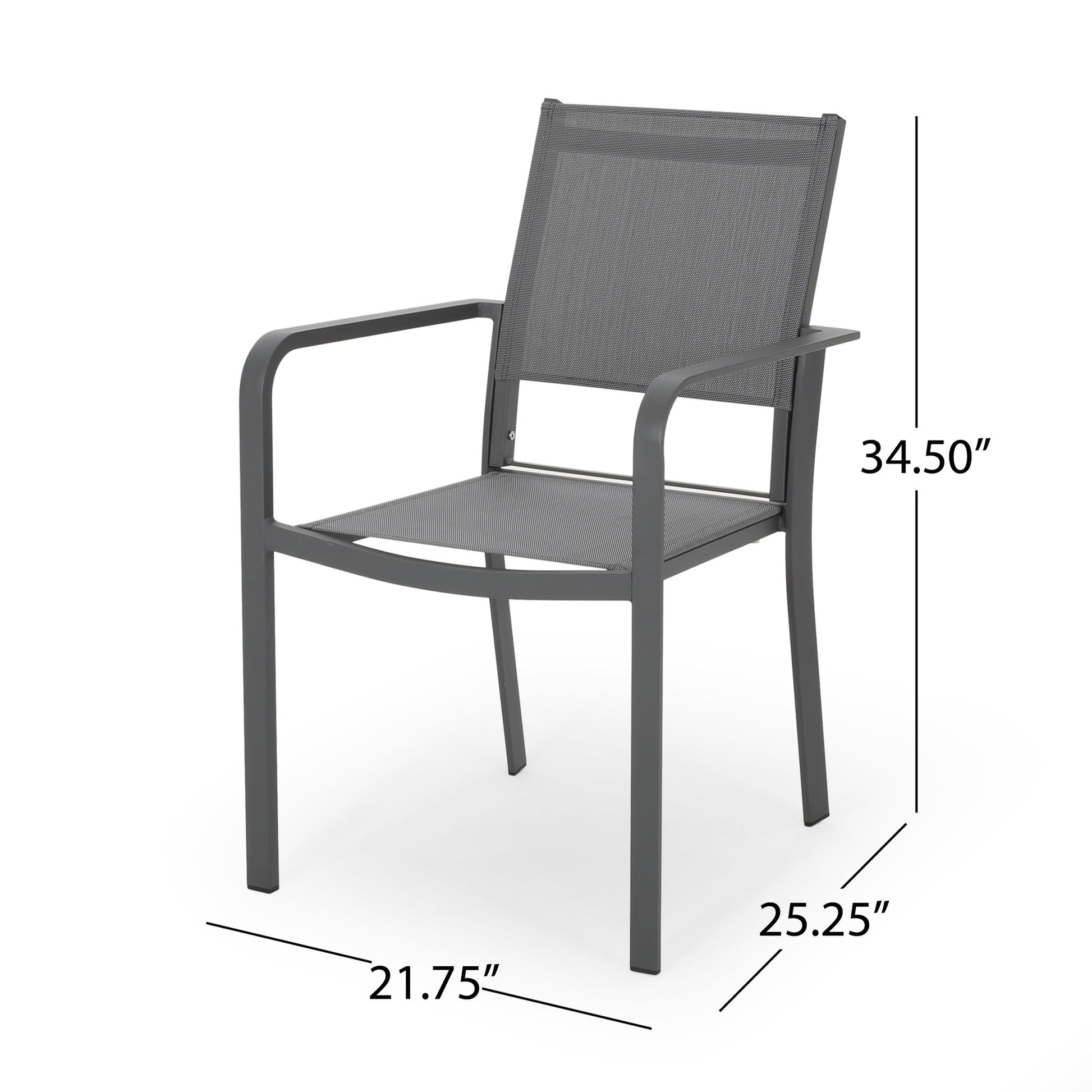 The Waterfal Outdoor Aluminum Dining Chair (Set of 2) features a modern gray metal frame with armrests and mesh seat and back. Each chair measures 34.5" tall, 25.25" deep, and 21.75" wide.