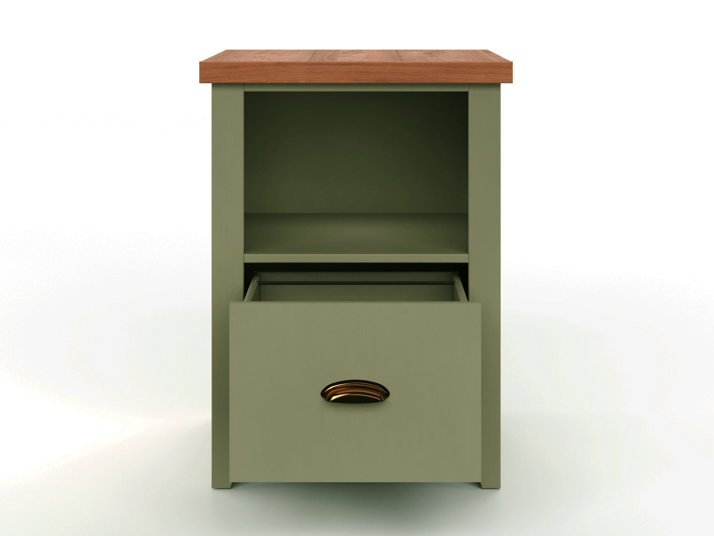 The Couch.com Vineyard Drawer File features a sage green wood construction, fruitwood top, open shelf, and a partially open drawer with a brass handle, displayed against a plain white background.