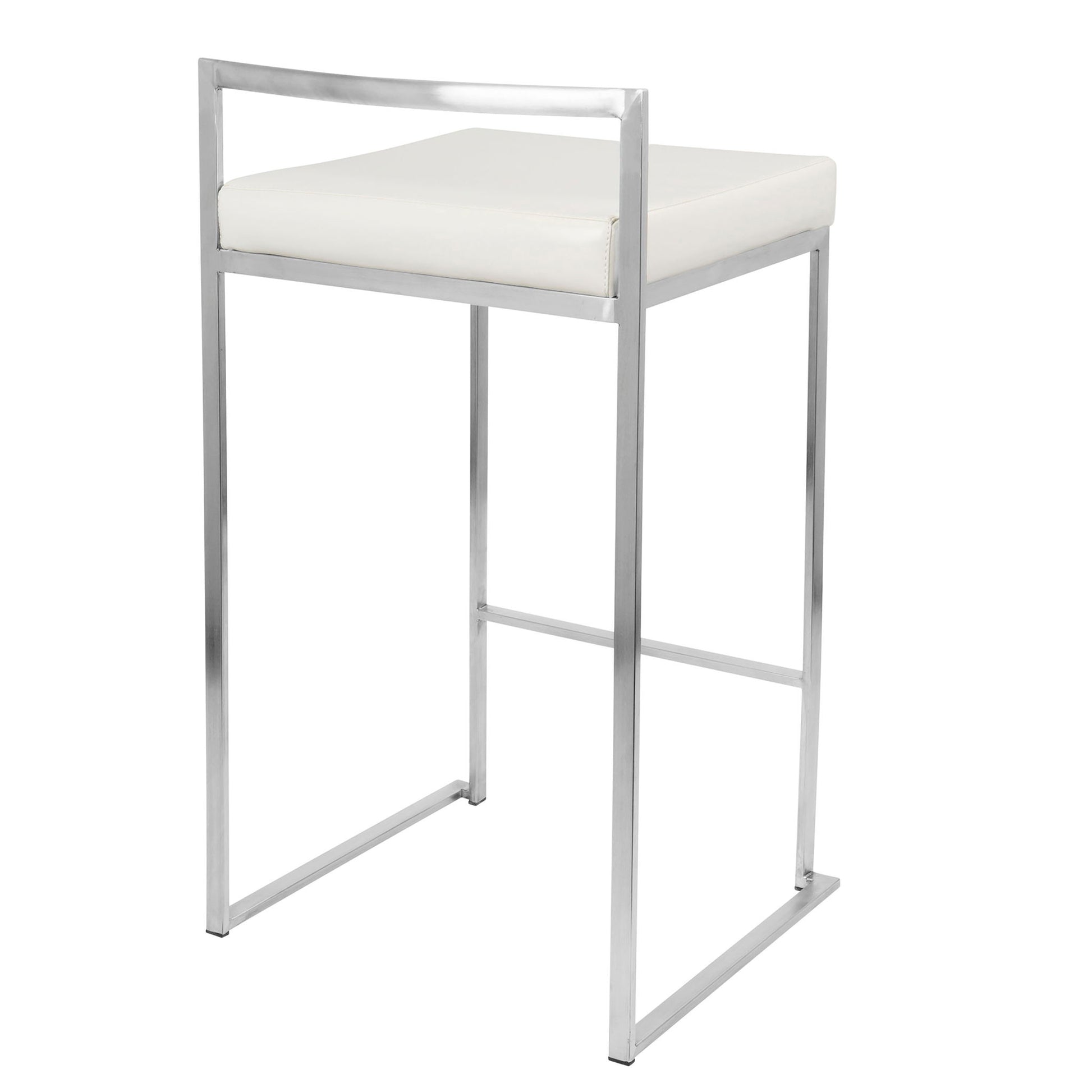 The Fuji Contemporary Stackable Elegant Counter Stools (Set of 2) feature a sleek silver metal frame and a rectangular white cushioned seat with straight lines and a minimalistic, armless, backless design.