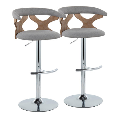 Set of 2 Gardenia Contemporary Adjustable Barstools with swivel, rounded T footrests, chrome bases, light gray upholstered seats, and curved wooden backrests featuring geometric cut-outs.