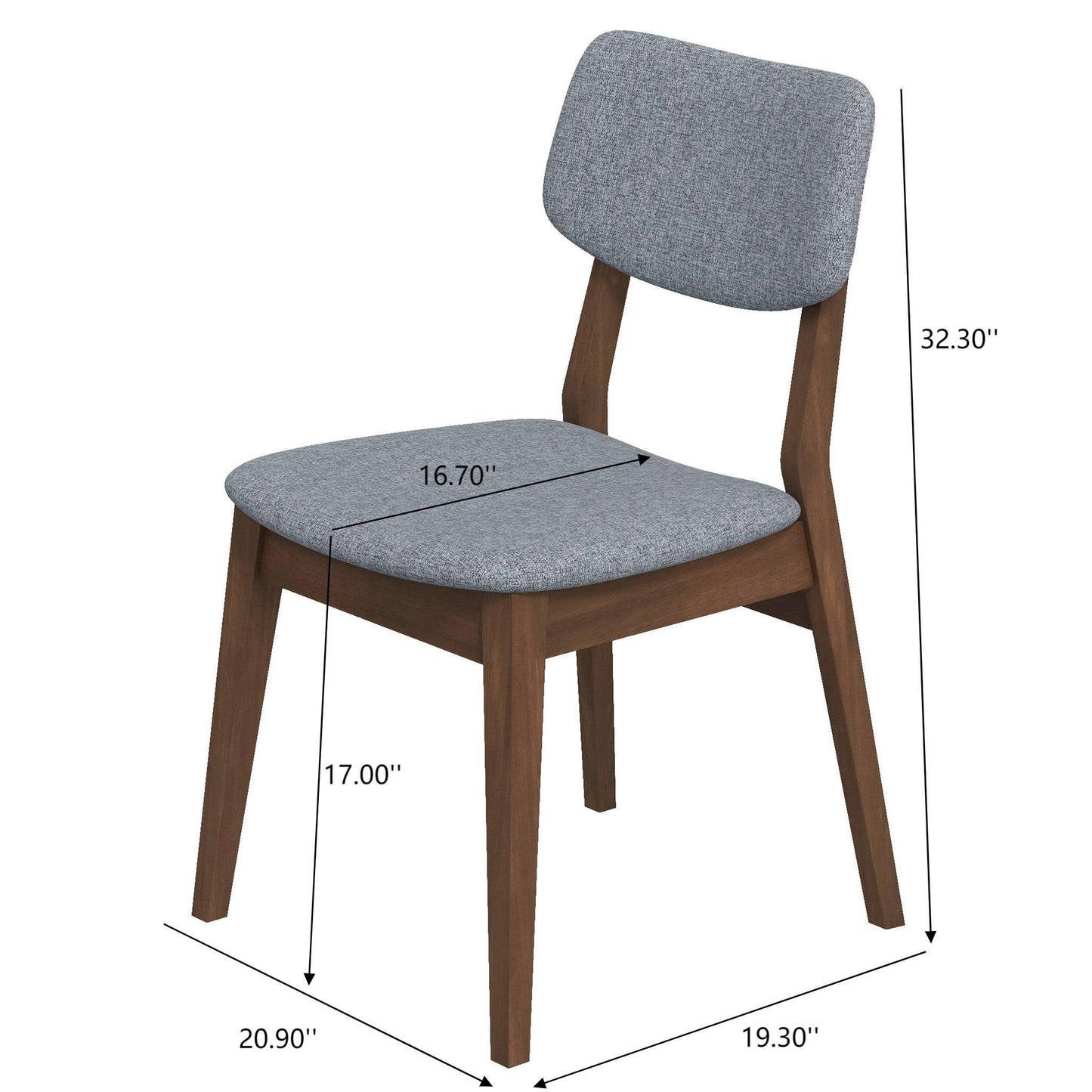 The Carlos Solid Back Side Chair (Set of 2) features a wooden frame with gray upholstered seat and backrest. Dimensions: 32.3"H, seat height 17", seat width 16.7", chair width 19.3", depth 20.9".