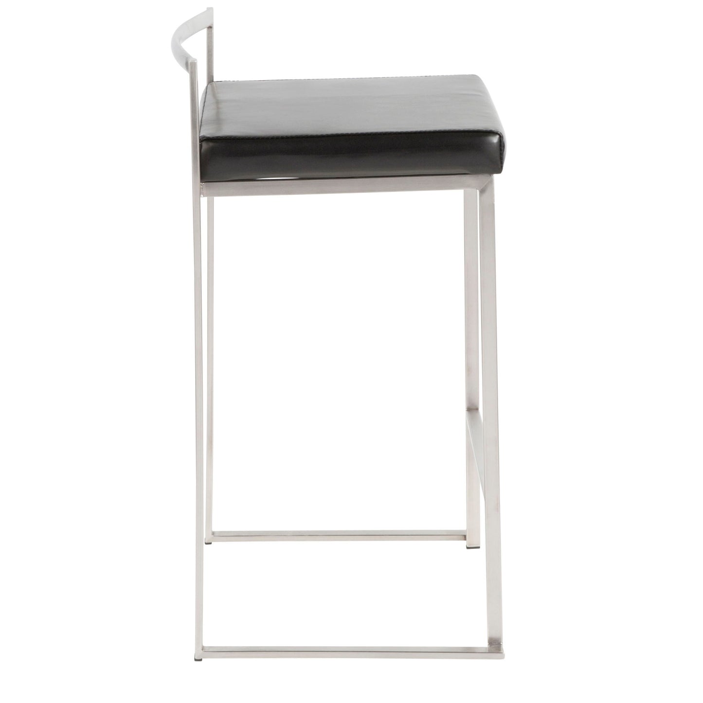 Side view of the Fuji Contemporary Stackable Elegant Counter Stool (Set of 2), featuring a minimalist metal frame, clean lines, and a black cushioned rectangular seat.