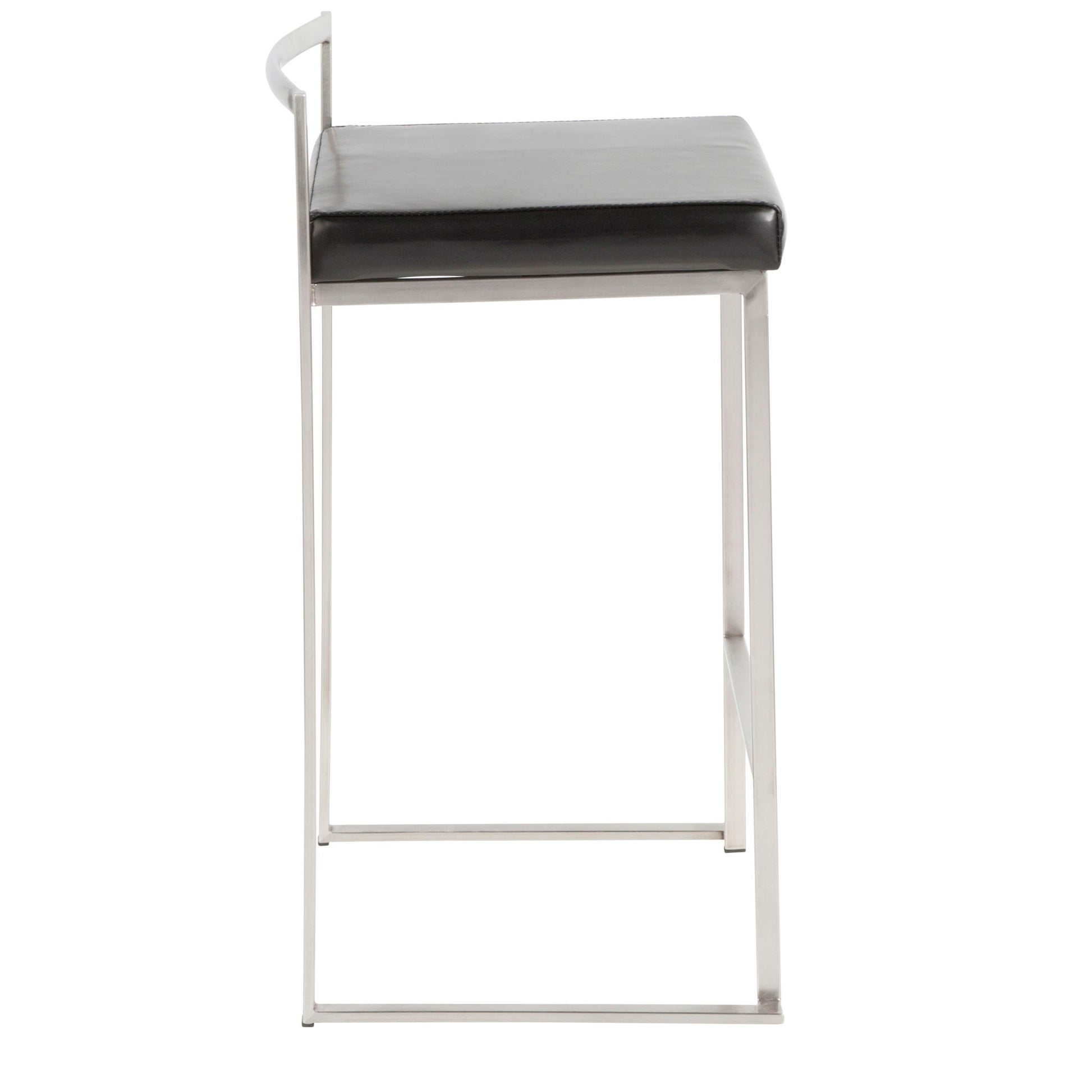 Side view of the Fuji Contemporary Stackable Elegant Counter Stool (Set of 2), featuring a minimalist metal frame, clean lines, and a black cushioned rectangular seat.