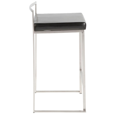 Side view of the Fuji Contemporary Stackable Elegant Counter Stool (Set of 2), featuring a minimalist metal frame, clean lines, and a black cushioned rectangular seat.