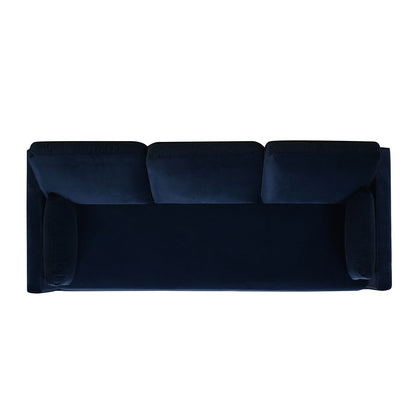 Top-down view of the Knox - Modern Farmhouse Sofa in dark blue, featuring three cushions and two armrests, set against a plain white background.