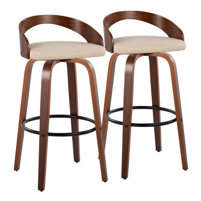 The Grotto Mid Century Modern Fixed Height Barstool & Swivel (Set of 2) features curved wooden backs, light beige cushioned seats, and four wooden legs with a round black metal footrest for a sleek, contemporary look.