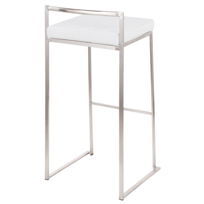 The Fuji - Contemporary And Elegant Design Stackable Barstool features a sleek silver metal frame, a rectangular white cushioned seat, no armrests, and a low horizontal backrest bar for a modern minimalist look.