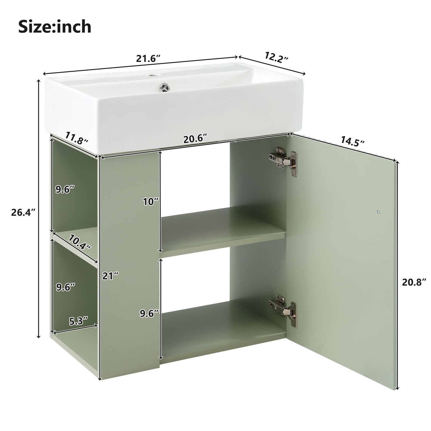 The Modern Floating Bathroom Vanity With Ceramic Basin is ideal for small bathrooms. It features a green finish, white ceramic sink, open cabinet door, and multiple shelves, with inch measurements detailing the size of each part and open spaces.