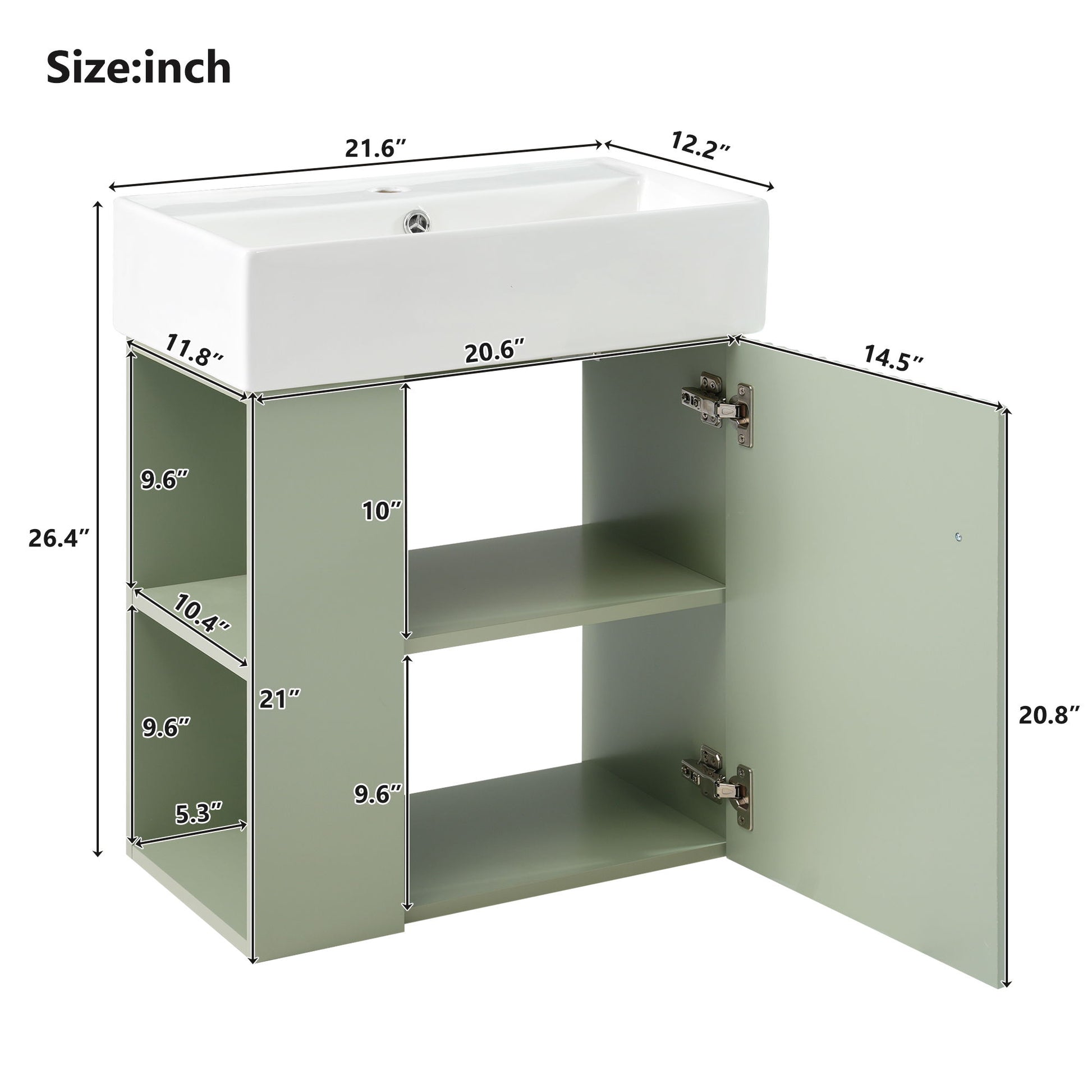 The Modern Floating Bathroom Vanity With Ceramic Basin is ideal for small bathrooms. It features a green finish, white ceramic sink, open cabinet door, and multiple shelves, with inch measurements detailing the size of each part and open spaces.