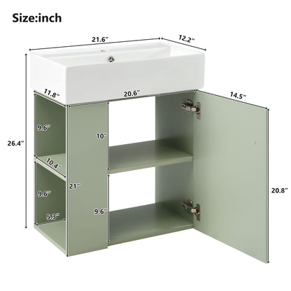 The Modern Floating Bathroom Vanity With Ceramic Basin is ideal for small bathrooms. It features a green finish, white ceramic sink, open cabinet door, and multiple shelves, with inch measurements detailing the size of each part and open spaces.