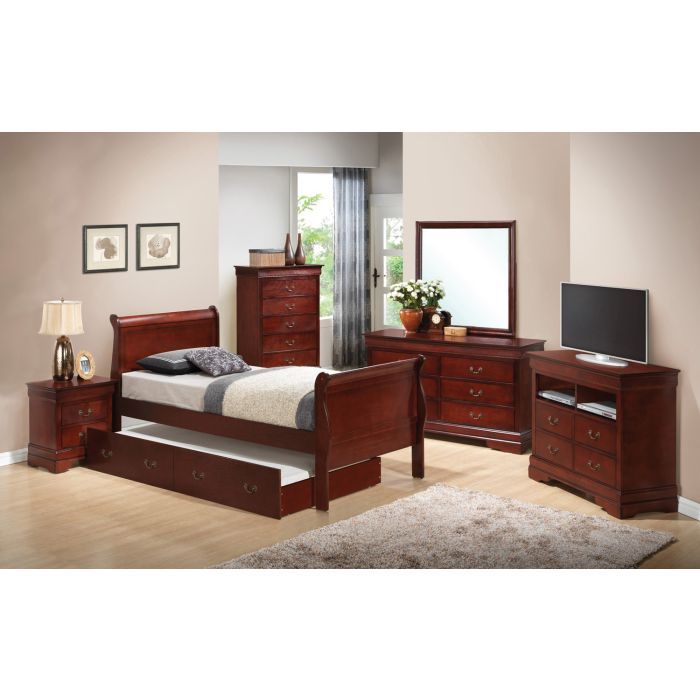 A bedroom with dark wood furniture, featuring the Elegant Trundle Bed With Timeless Charm, a nightstand, dresser with mirror, tall chest of drawers, TV stand with flat-screen TV, plus light-colored walls and a rug.