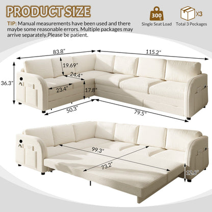 L-Shaped Couch With Pull-Out Bed, Convertible Sleeper Sofa With Side Pocket & USB Port
