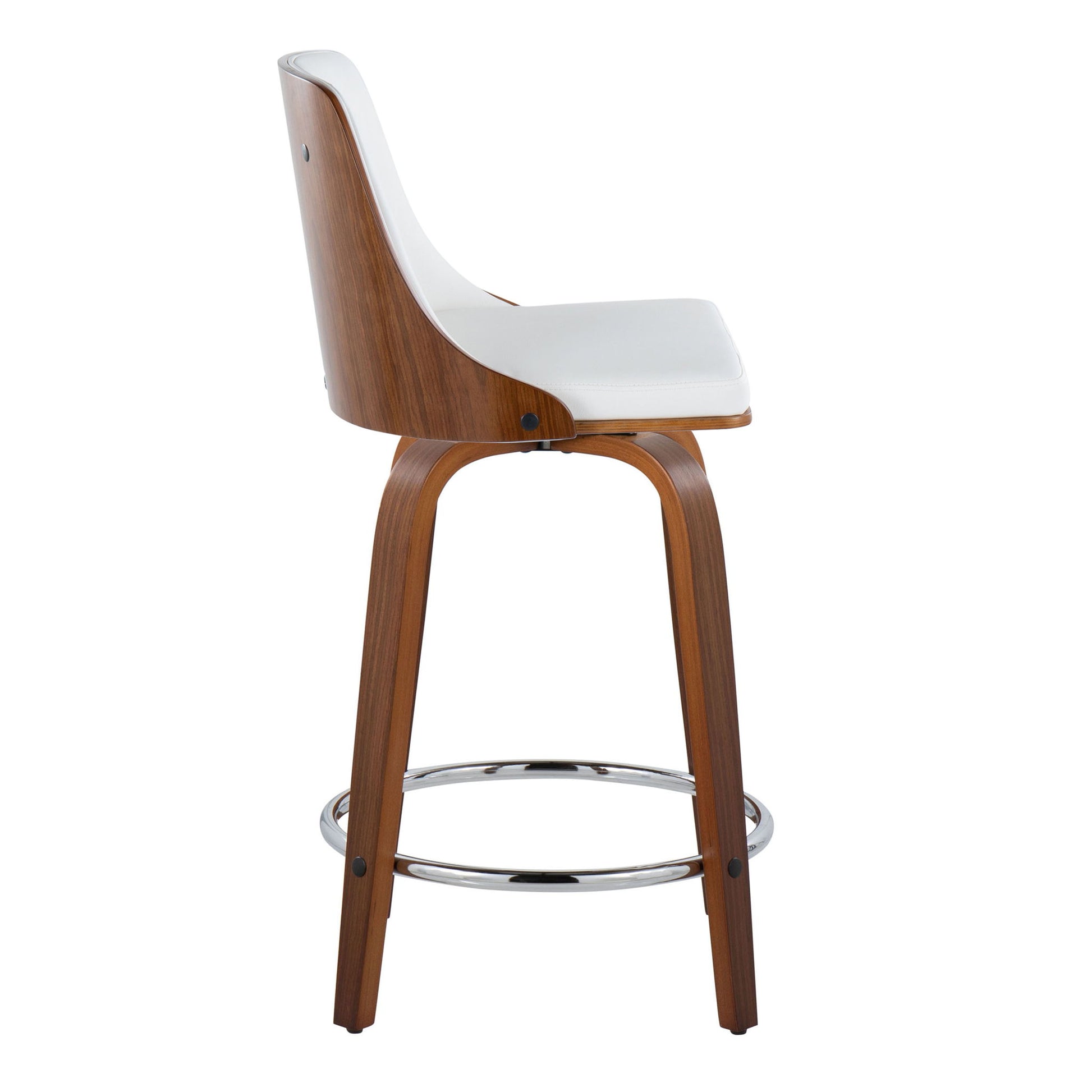 The Gianna Mid-Century Modern Fixed Height Stool features a white cushioned seat and backrest, curved wood frame, four angled legs, and a round chrome footrest; shown here from a side view. Set of 2 with swivel function.