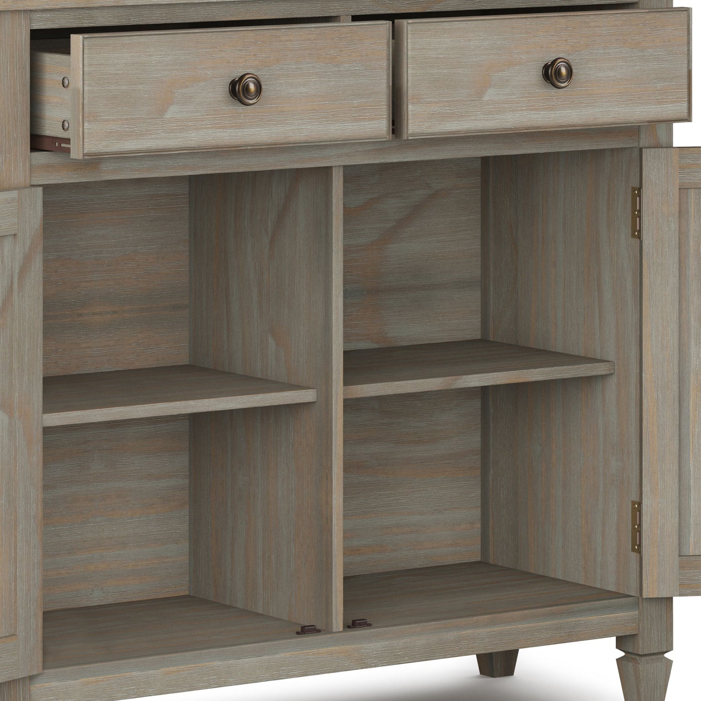 The Connaught Entryway Storage Cabinet in distressed gray features two open top drawers, two lower doors revealing four interior shelves, and a rustic finish.