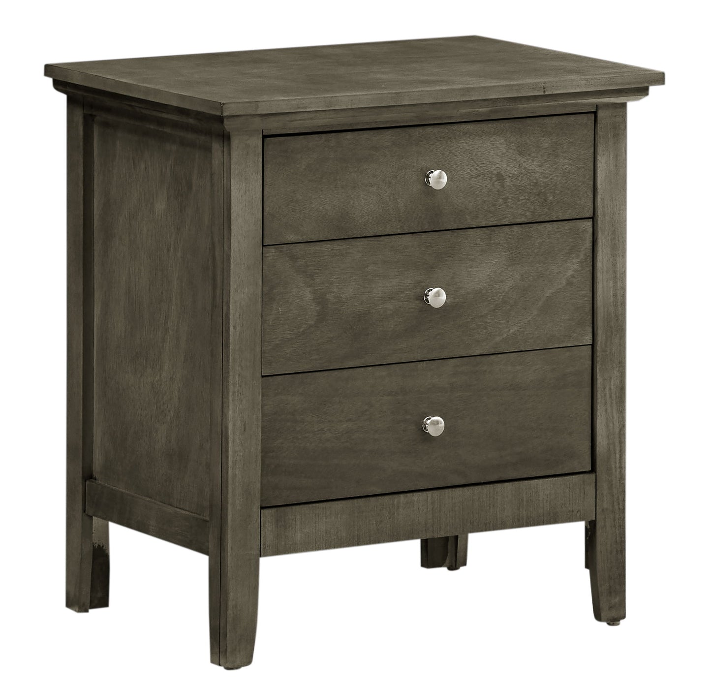 The Hammond - 3 Drawer Nightstand features a modern, minimalistic design with a gray wood finish, silver round knobs, and straight legs.