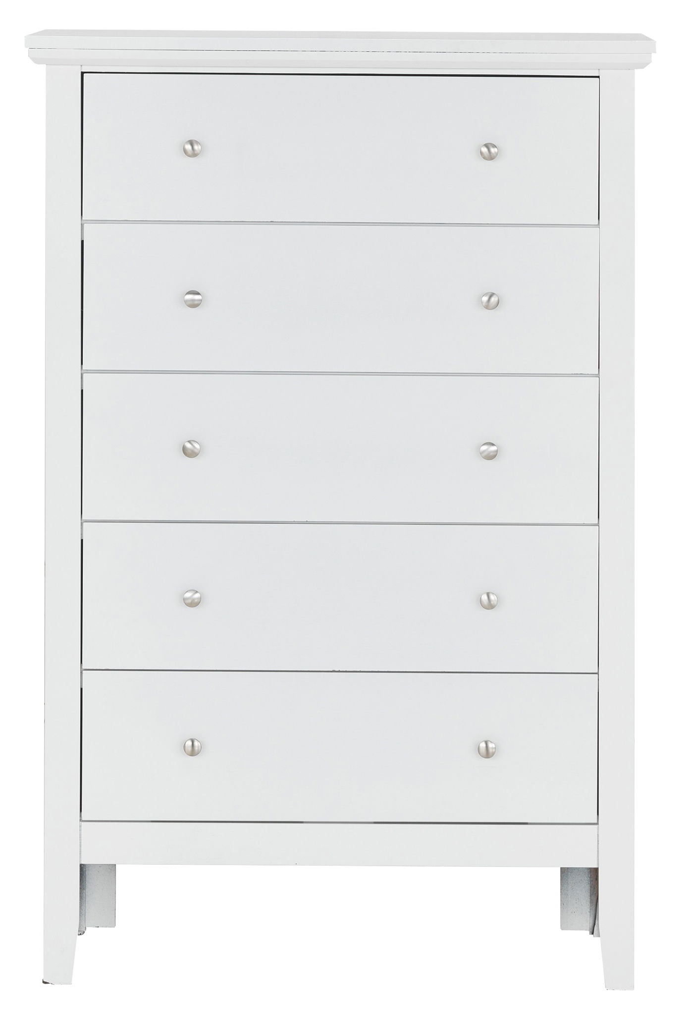 The Primo - Chest is a white wooden dresser with five drawers, each fitted with two small round metal knobs, and stands on short legs.