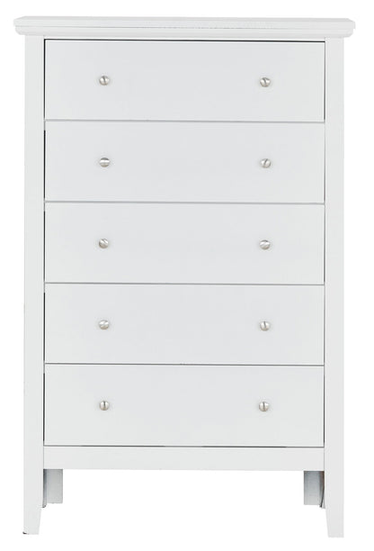 The Primo - Chest is a white wooden dresser with five drawers, each fitted with two small round metal knobs, and stands on short legs.