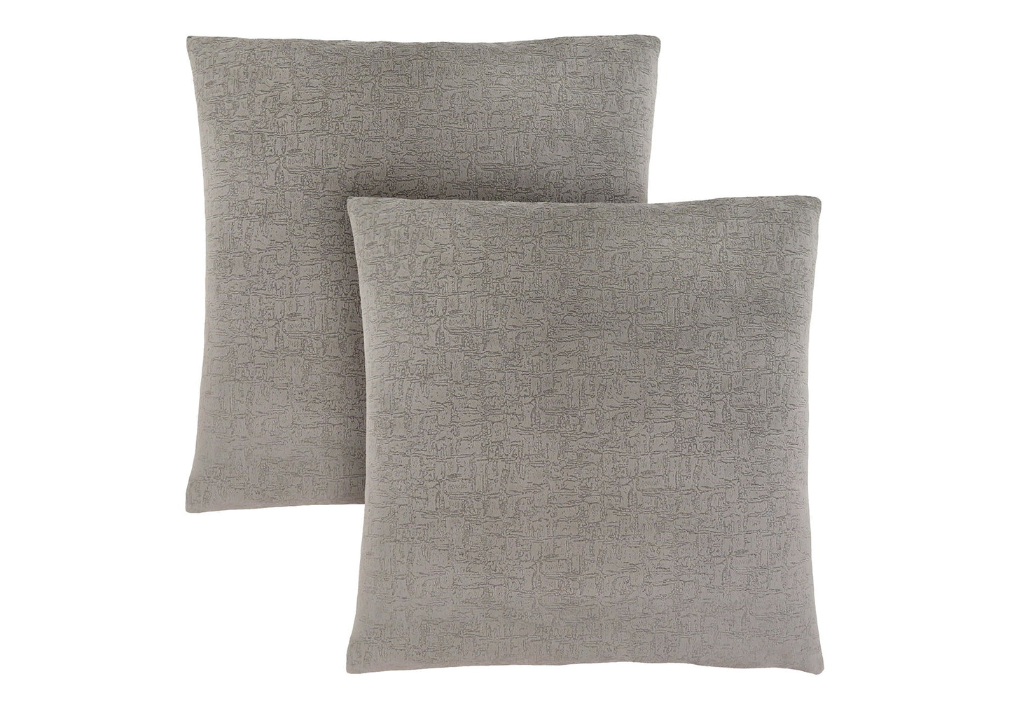 Two square gray decorative throw pillows, hypoallergenic with inserts included, featuring a subtle textured pattern and stacked partially overlapping on a white background.