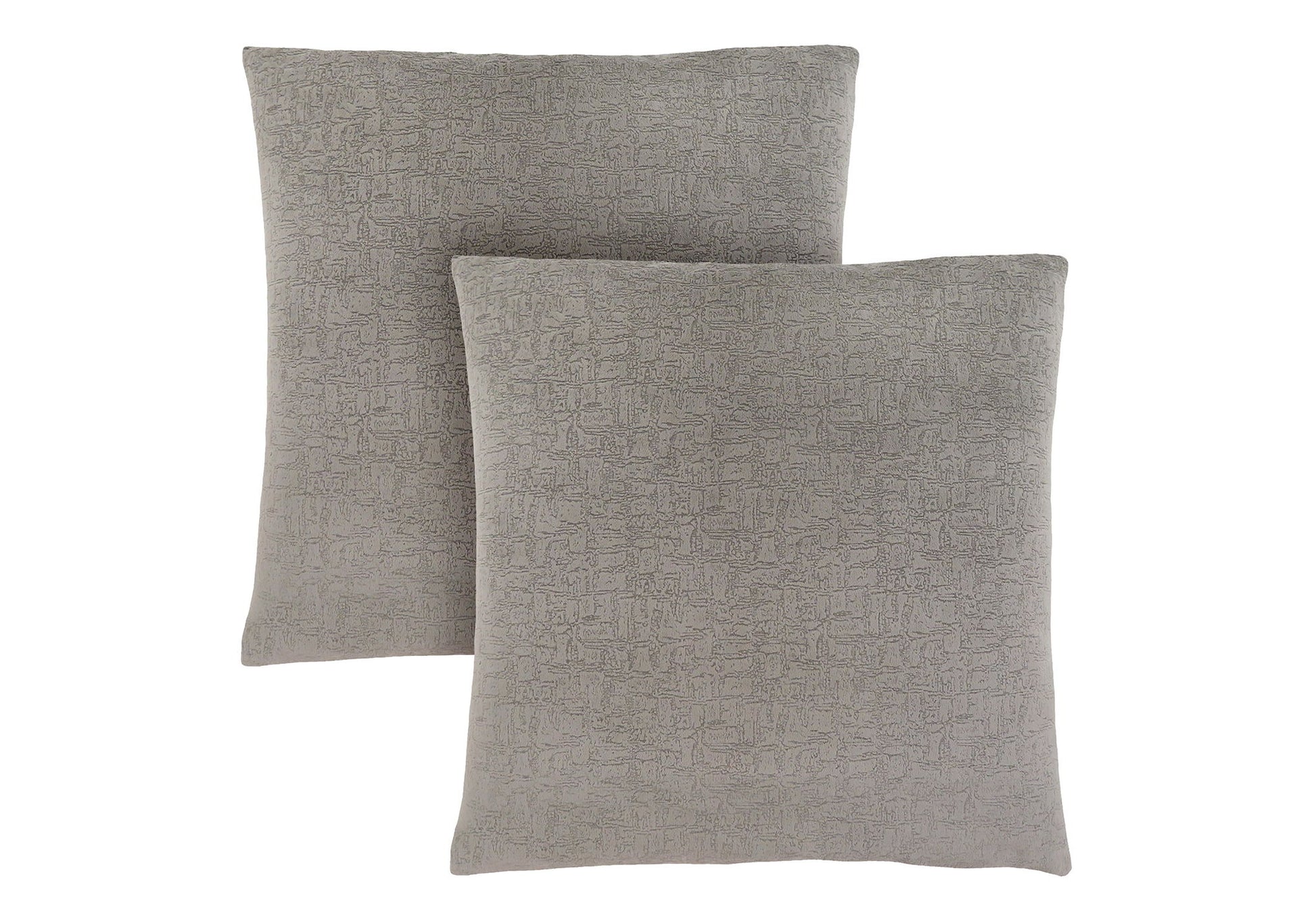 Two square gray decorative throw pillows, hypoallergenic with inserts included, featuring a subtle textured pattern and stacked partially overlapping on a white background.