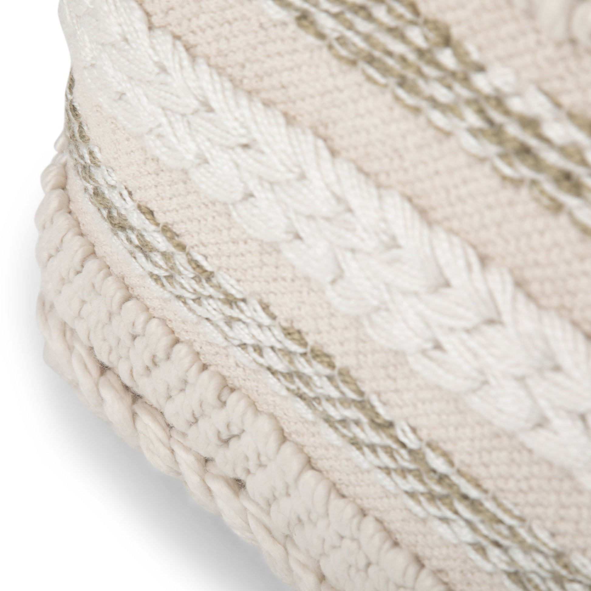 Close-up of the Sommer - Handcrafted Square Pouf, showcasing its textured fabric with cream and beige braided and woven patterns, thick horizontal stripes, and natural fiber details.