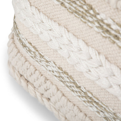 Close-up of the Sommer - Handcrafted Square Pouf, showcasing its textured fabric with cream and beige braided and woven patterns, thick horizontal stripes, and natural fiber details.
