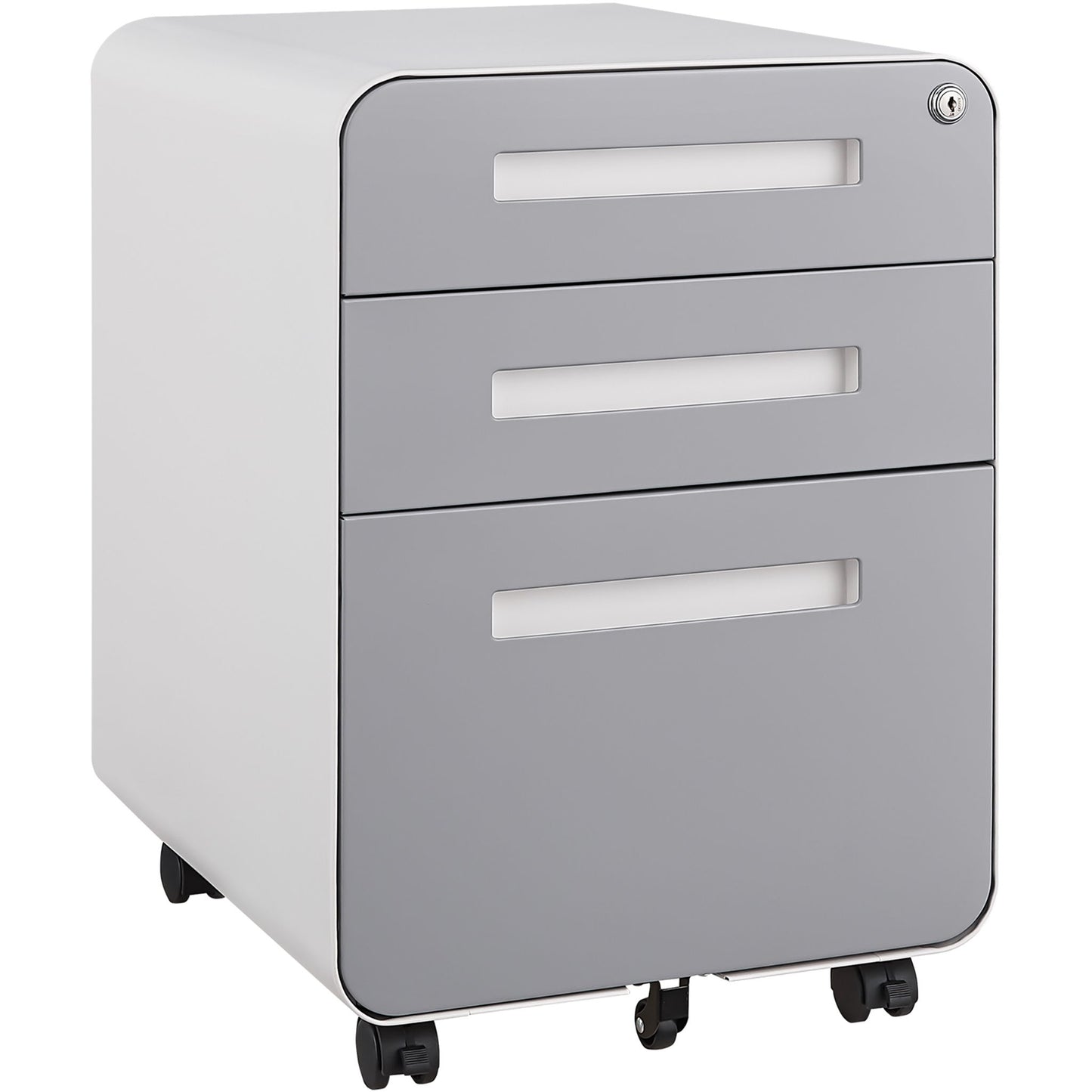 The 3 Drawer Mobile File Cabinet offers versatile under desk storage for legal, letter, and A4 files with three drawers, a lock, rectangular cutout handles, a modern gray and white look, black wheels, and a 5-wheel anti-tilting design.