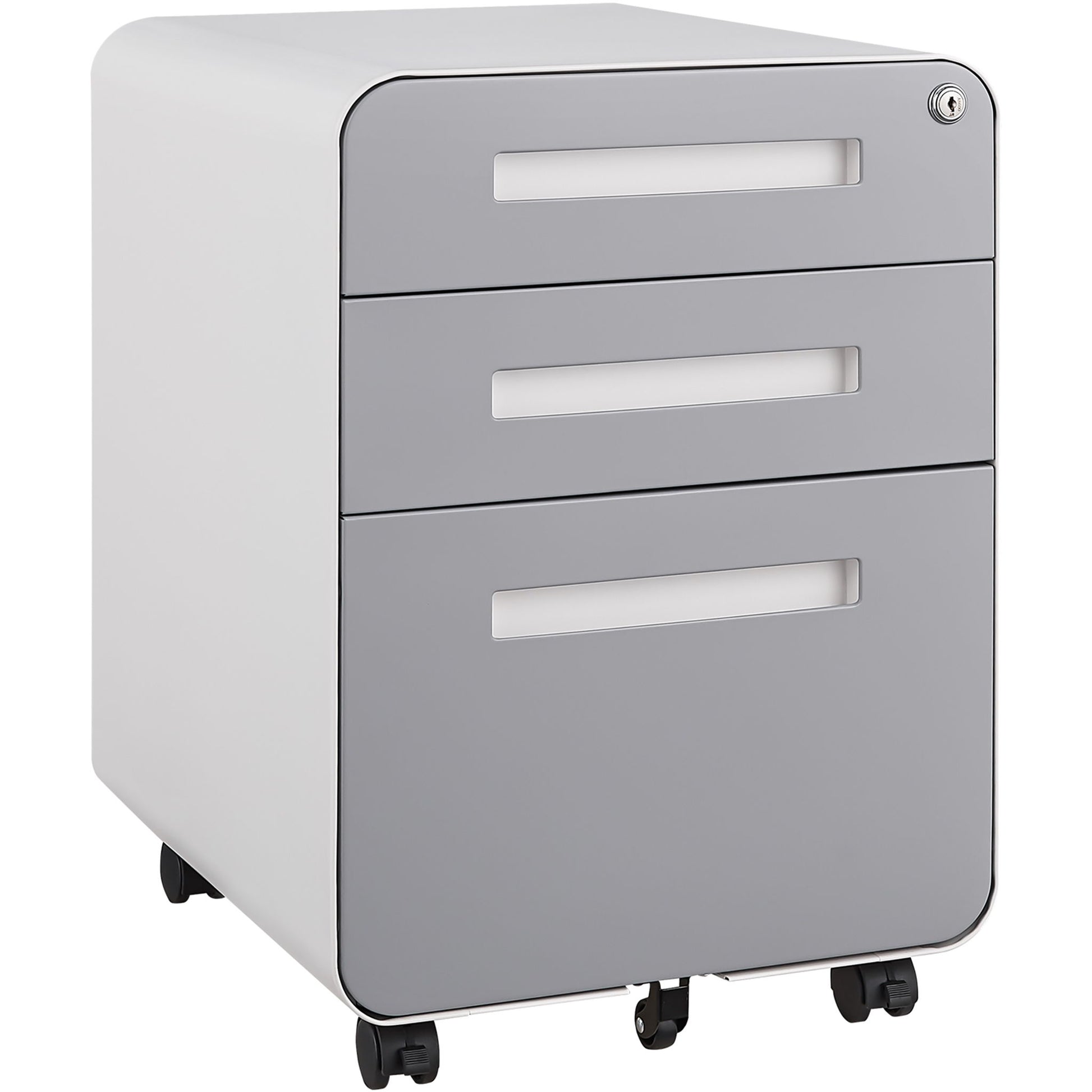 The 3 Drawer Mobile File Cabinet offers versatile under desk storage for legal, letter, and A4 files with three drawers, a lock, rectangular cutout handles, a modern gray and white look, black wheels, and a 5-wheel anti-tilting design.