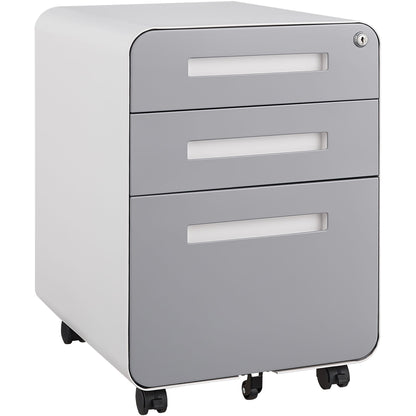 The 3 Drawer Mobile File Cabinet offers versatile under desk storage for legal, letter, and A4 files with three drawers, a lock, rectangular cutout handles, a modern gray and white look, black wheels, and a 5-wheel anti-tilting design.