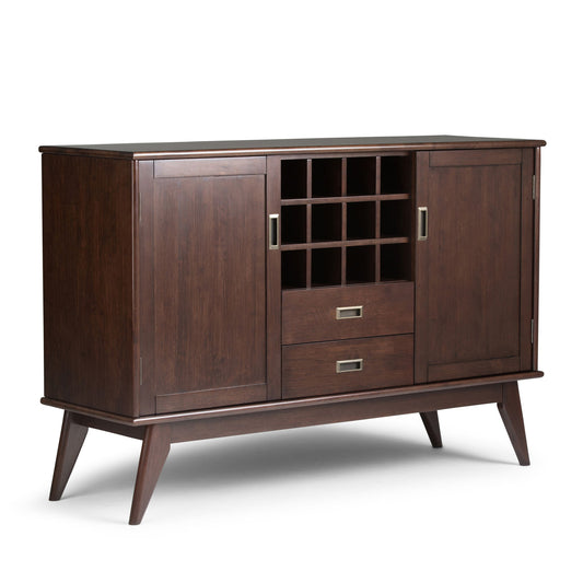 The Draper - Mid Century Sideboard Buffet And Wine Rack in Medium Auburn Brown features two cabinets, two drawers, a central wine rack, and splayed legs for a stylish storage solution.