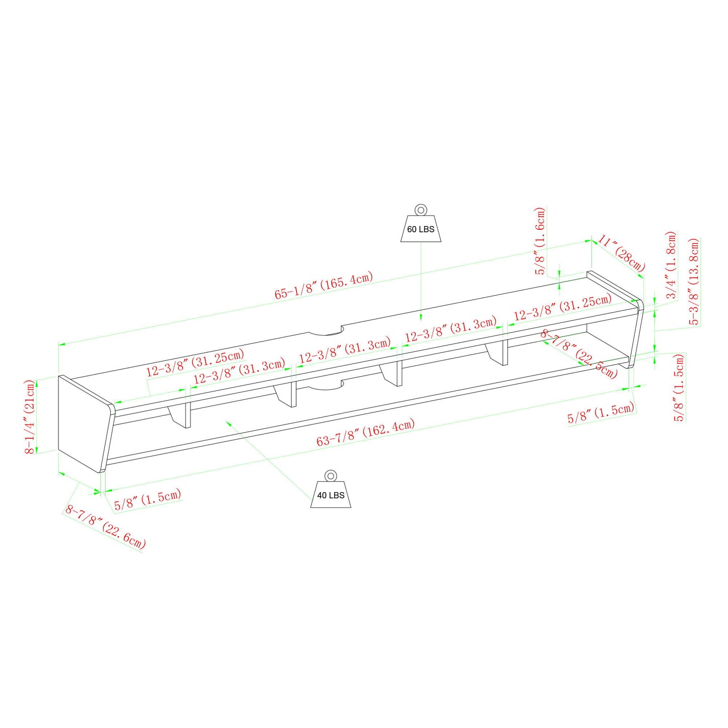 Line drawing of the Modern Wall-Mounted Floating TV Stand with multiple compartments, detailed measurements in inches and centimeters, and a max weight capacity of 40 lbs per mounting point.