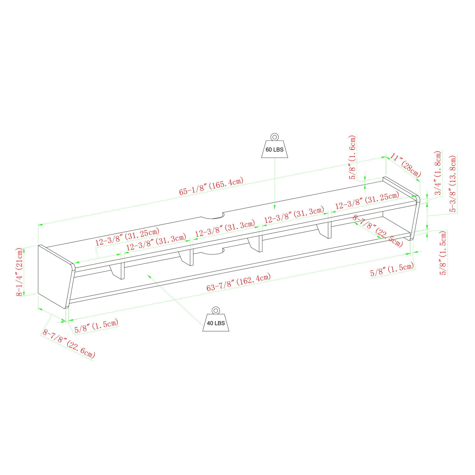 Line drawing of the Modern Wall-Mounted Floating TV Stand with multiple compartments, detailed measurements in inches and centimeters, and a max weight capacity of 40 lbs per mounting point.