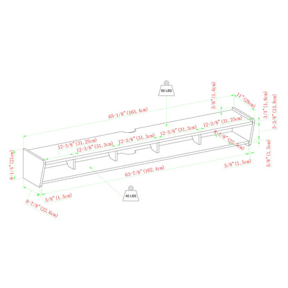 Line drawing of the Modern Wall-Mounted Floating TV Stand with multiple compartments, detailed measurements in inches and centimeters, and a max weight capacity of 40 lbs per mounting point.