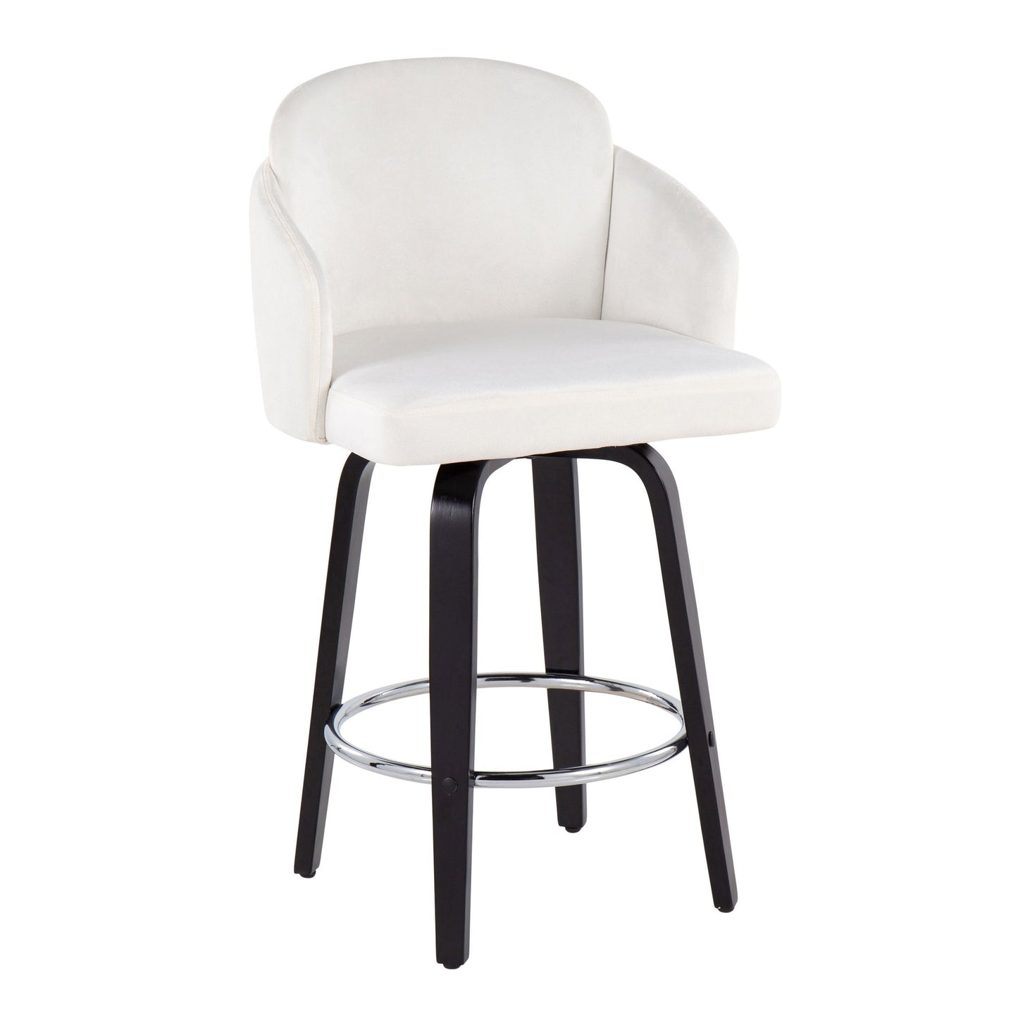 The Dahlia - Contemporary Counter Stool (Set of 2) features a white cushioned seat and backrest, dark wooden legs, and a round metal footrest for modern style and comfort.