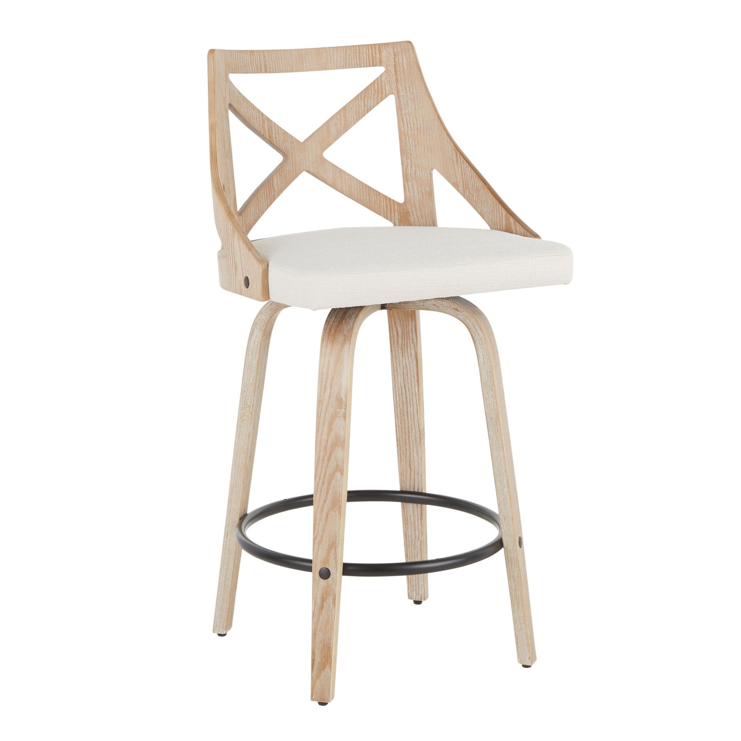 The Charlotte Farmhouse Fixed Height Counter Stool (Set of 2) features a white-washed finish, cream cushioned seat, X-back design, four legs, and a black circular footrest with swivel functionality.