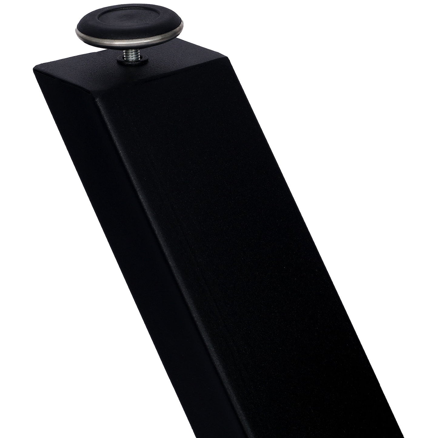 A close-up of a black X Table Leg 28X 24", wide heavy-duty steel desk leg with a round adjustable metal foot, photographed against a white background.