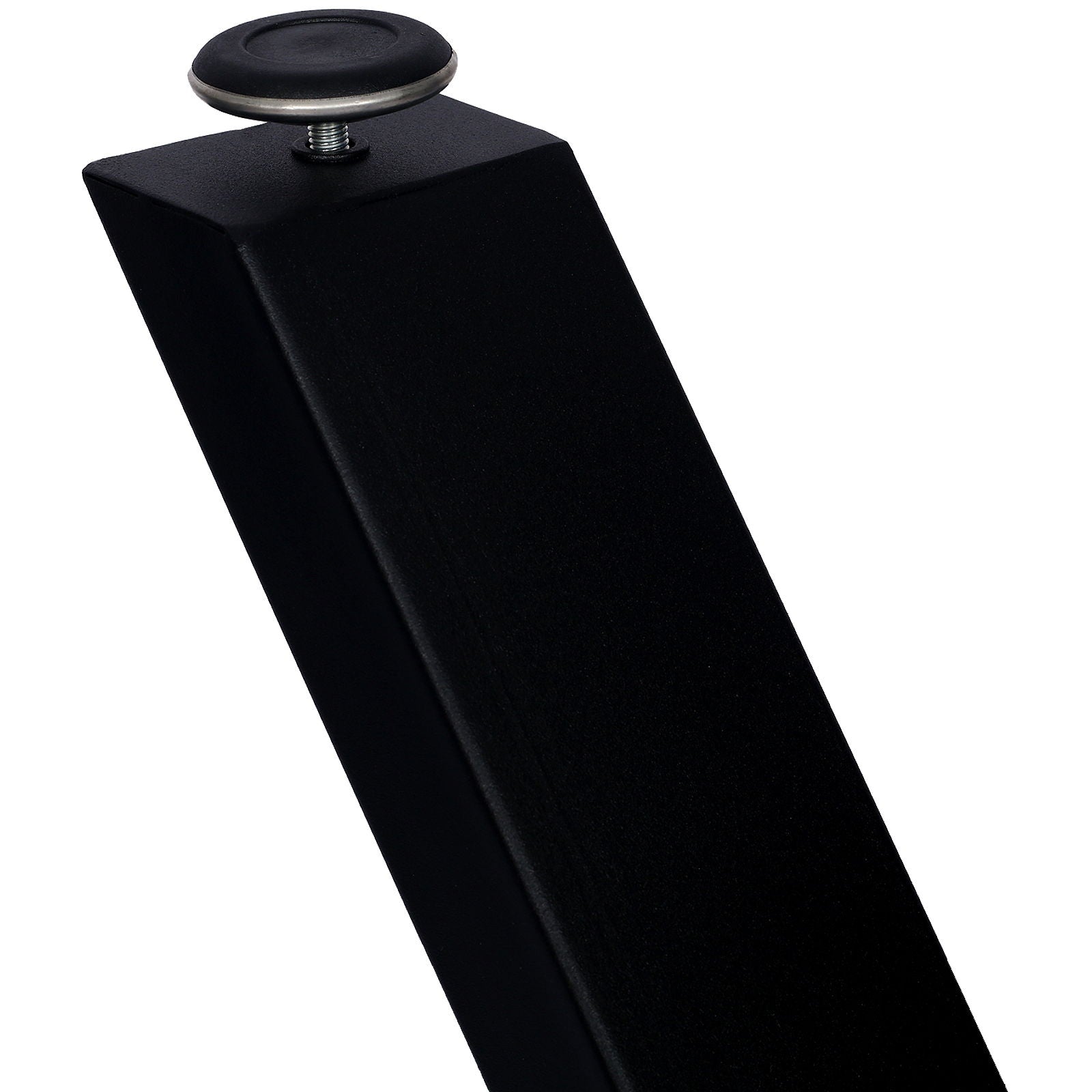 A close-up of a black X Table Leg 28X 24", wide heavy-duty steel desk leg with a round adjustable metal foot, photographed against a white background.