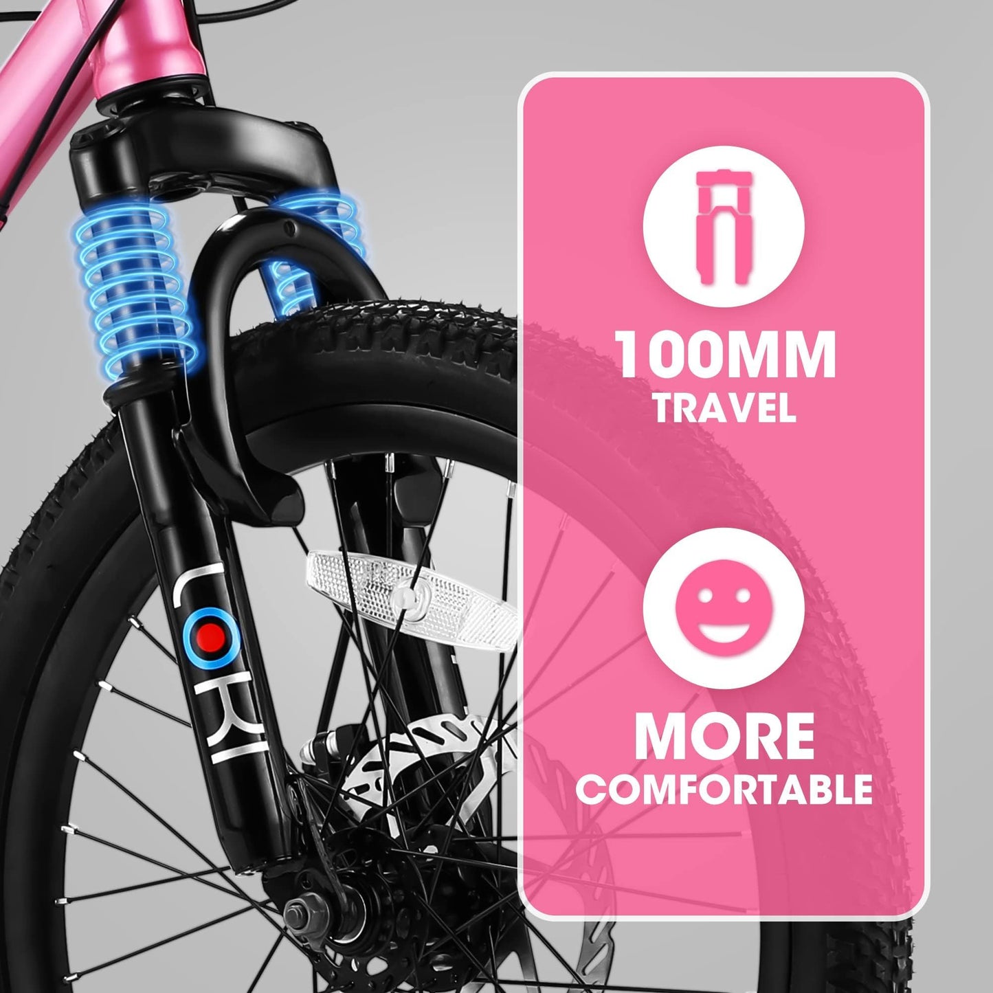 Close-up of the S20101 20" Kids' Bike front suspension fork, blue springs visible. Overlay text features "100MM Travel" and "More Comfortable" with icons on a pink background. Suitable for boys and girls ages 8-12.