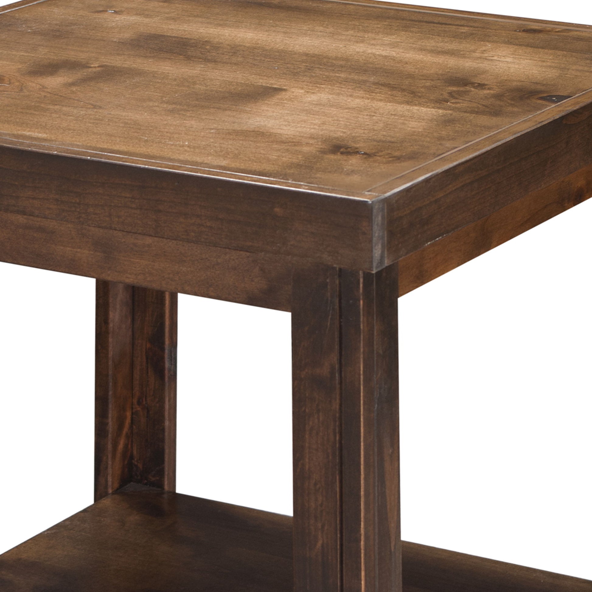 A close-up of the Couch.com Sausalito Side Table shows its wood construction, square top, lower shelf, dark brown whiskey finish, and simple modern design.