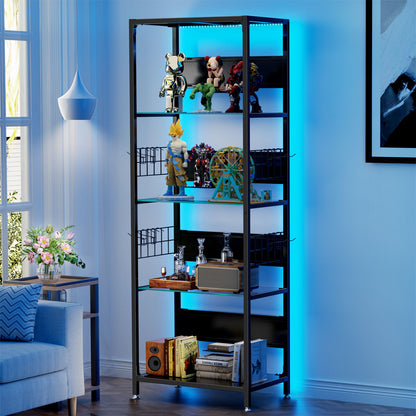 4 Tier Display Shelf With RGB Lights, LED Lighted Curio Cabinet With Adjustable Storage Box & Hooks - Black