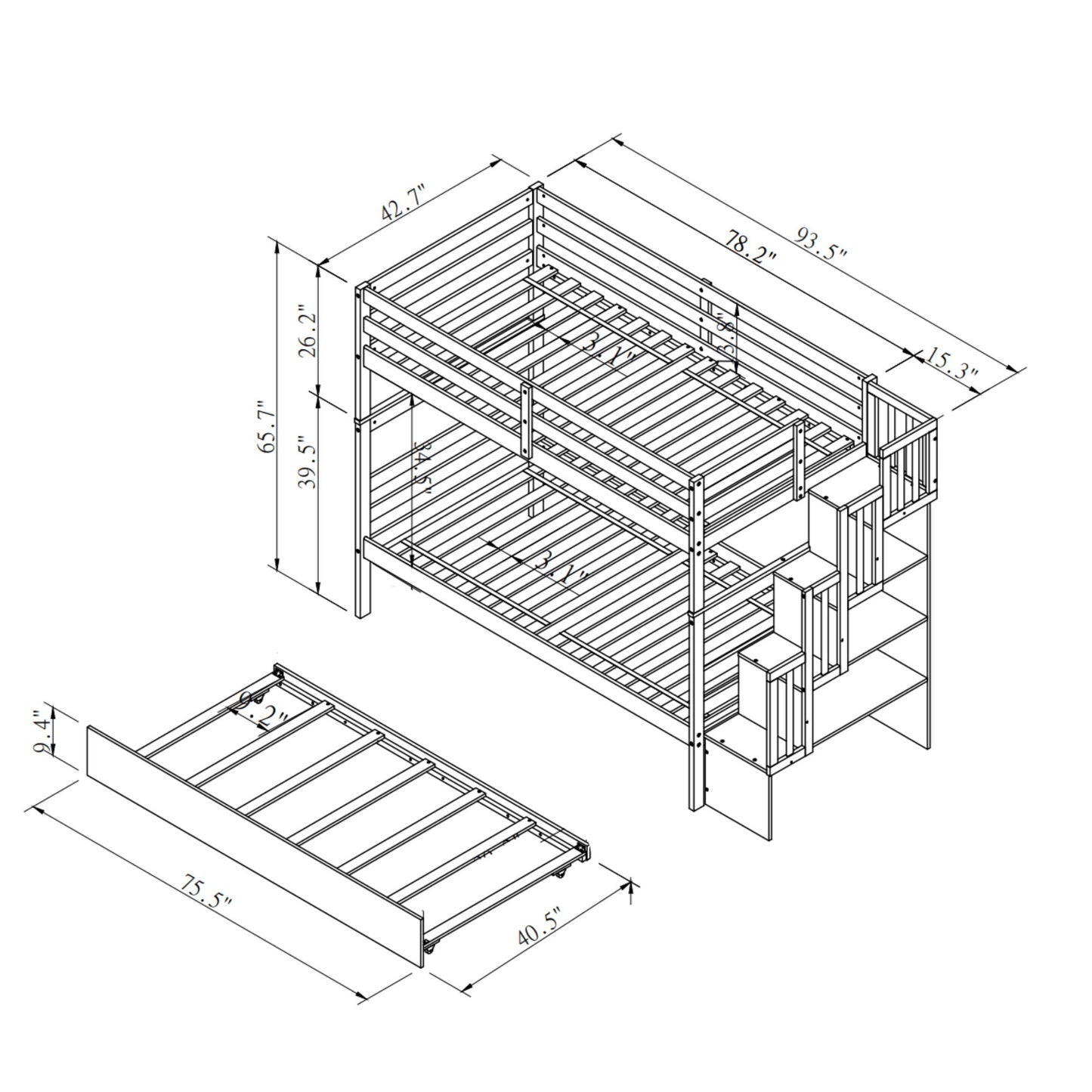 Black and white diagram of the Twin Over Twin Bunk Beds With Twin Trundle And Stairway Storage Function, showing labeled dimensions for heights, widths, and lengths of each part, including the staircase and pull-out trundle bed.