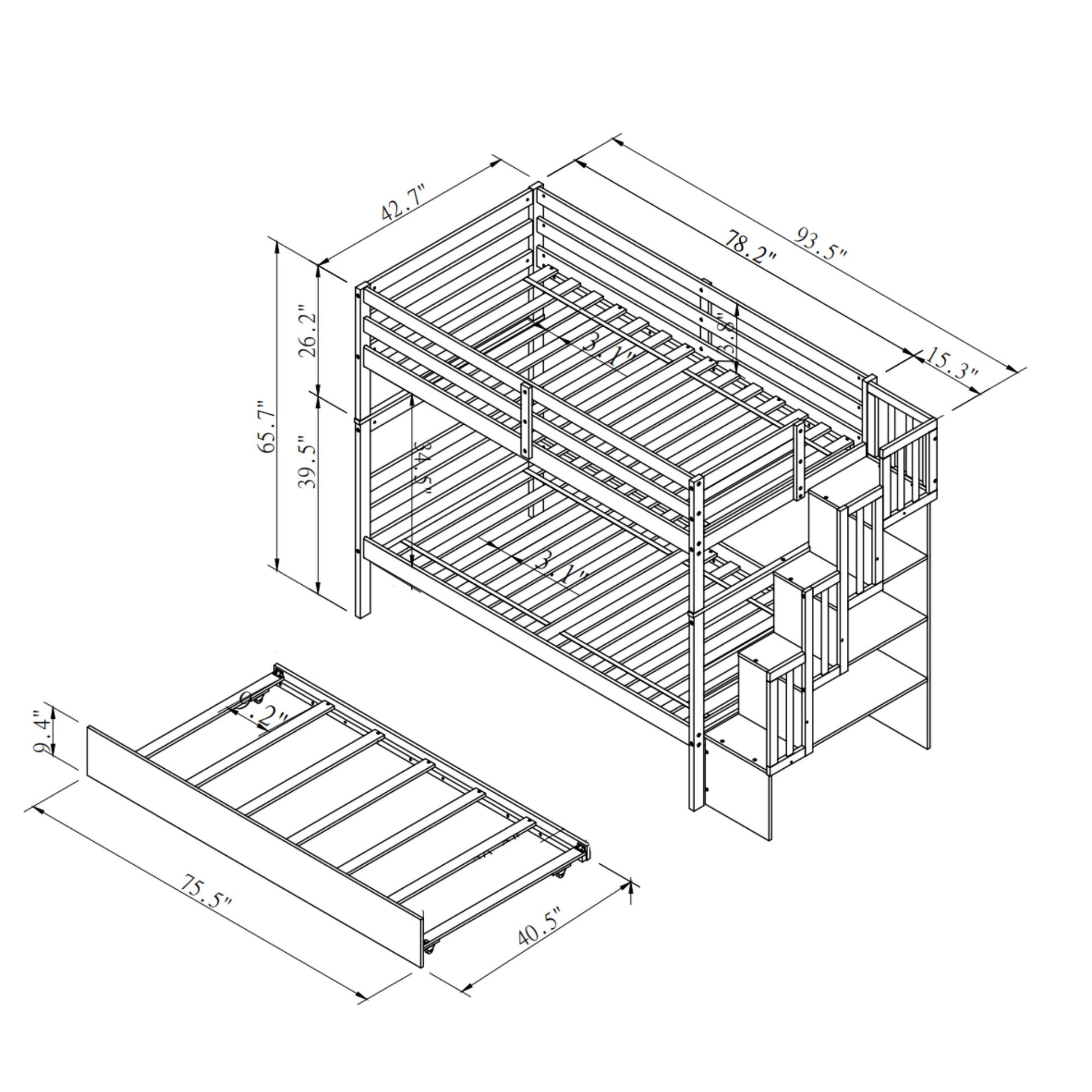 Black and white diagram of the Twin Over Twin Bunk Beds With Twin Trundle And Stairway Storage Function, showing labeled dimensions for heights, widths, and lengths of each part, including the staircase and pull-out trundle bed.