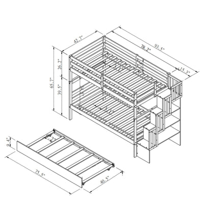 Black and white diagram of the Twin Over Twin Bunk Beds With Twin Trundle And Stairway Storage Function, showing labeled dimensions for heights, widths, and lengths of each part, including the staircase and pull-out trundle bed.