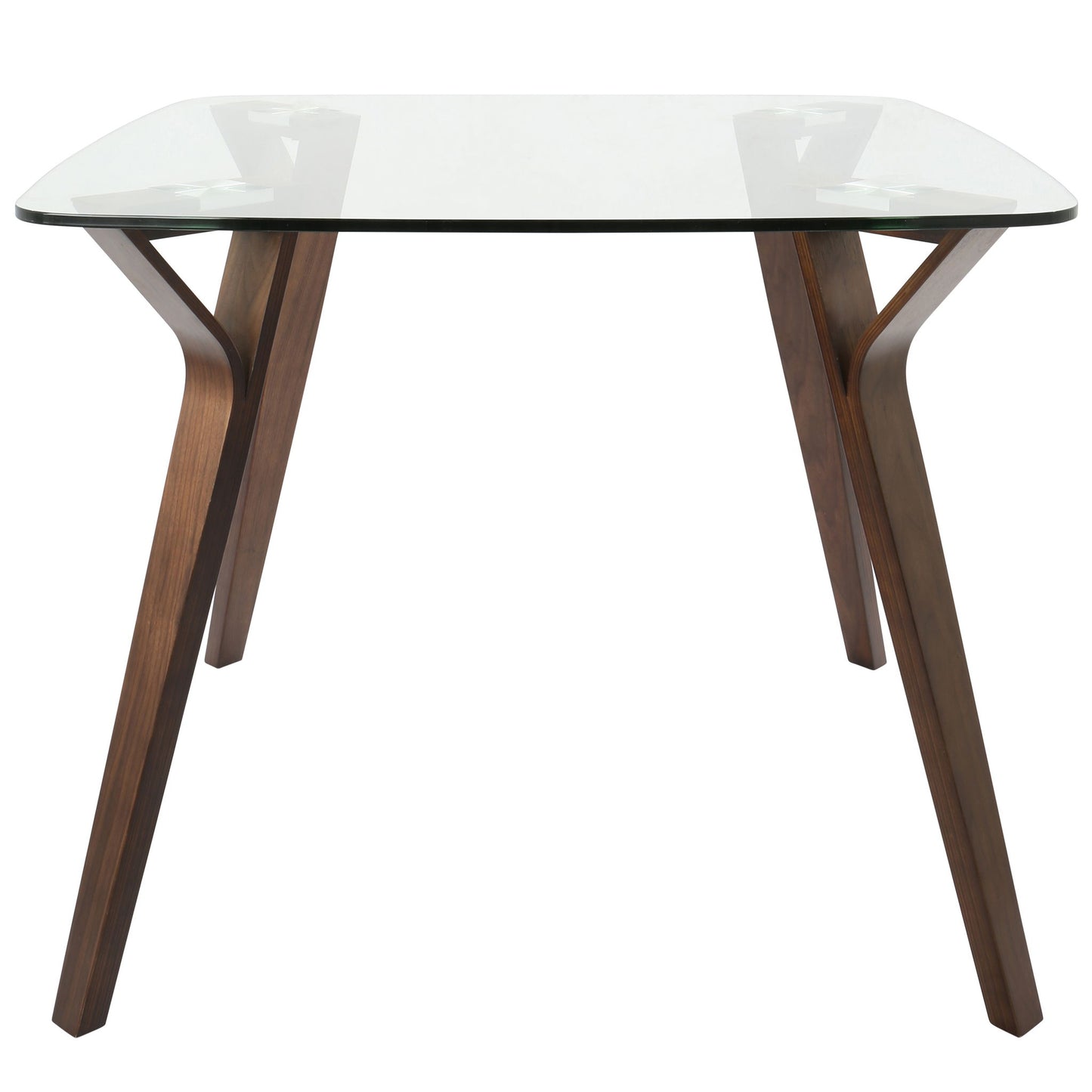 The Folia - Mid Century Modern Dinette Table features a clear glass top and four dark-finished, angled wooden legs, shown from the front.