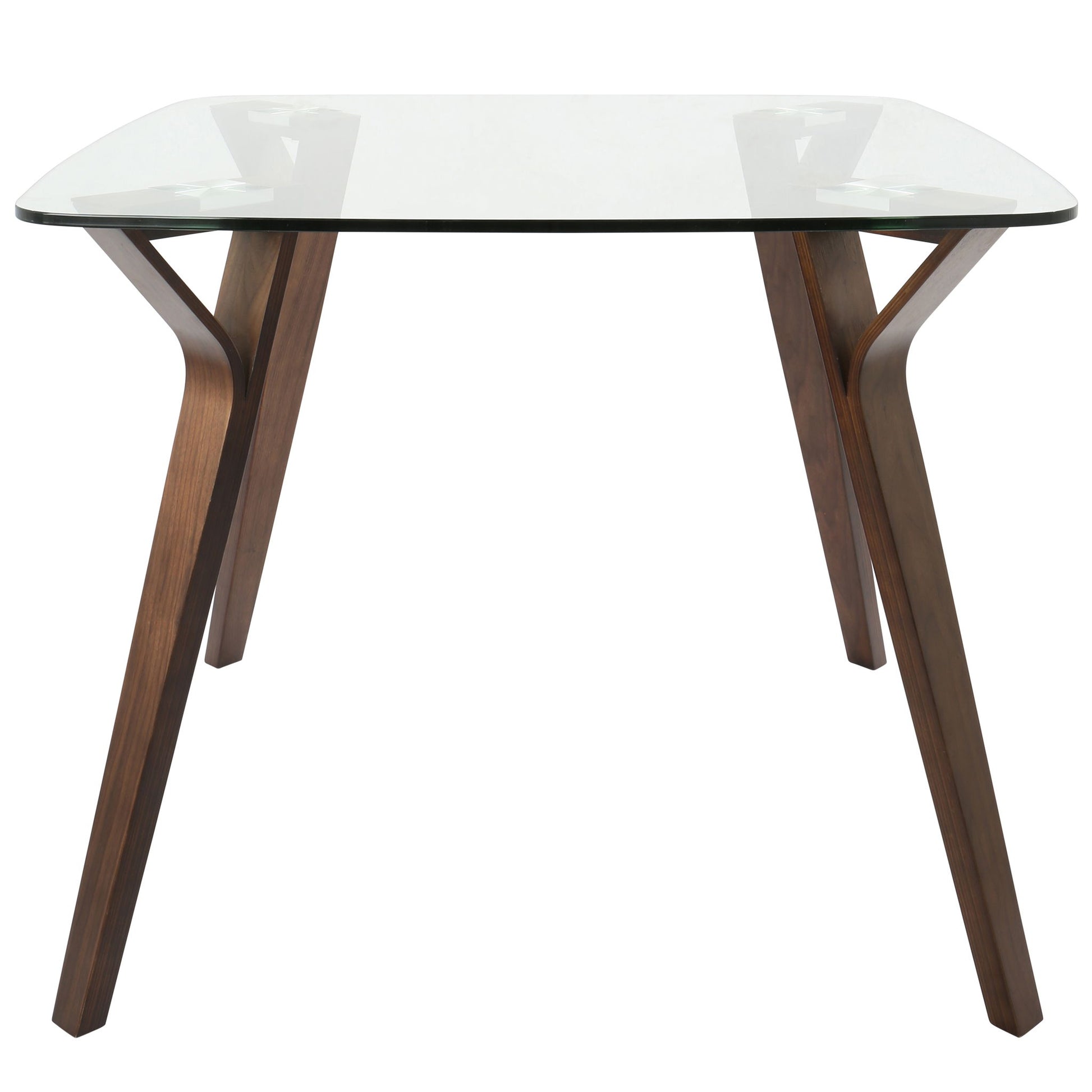 The Folia - Mid Century Modern Dinette Table features a clear glass top and four dark-finished, angled wooden legs, shown from the front.