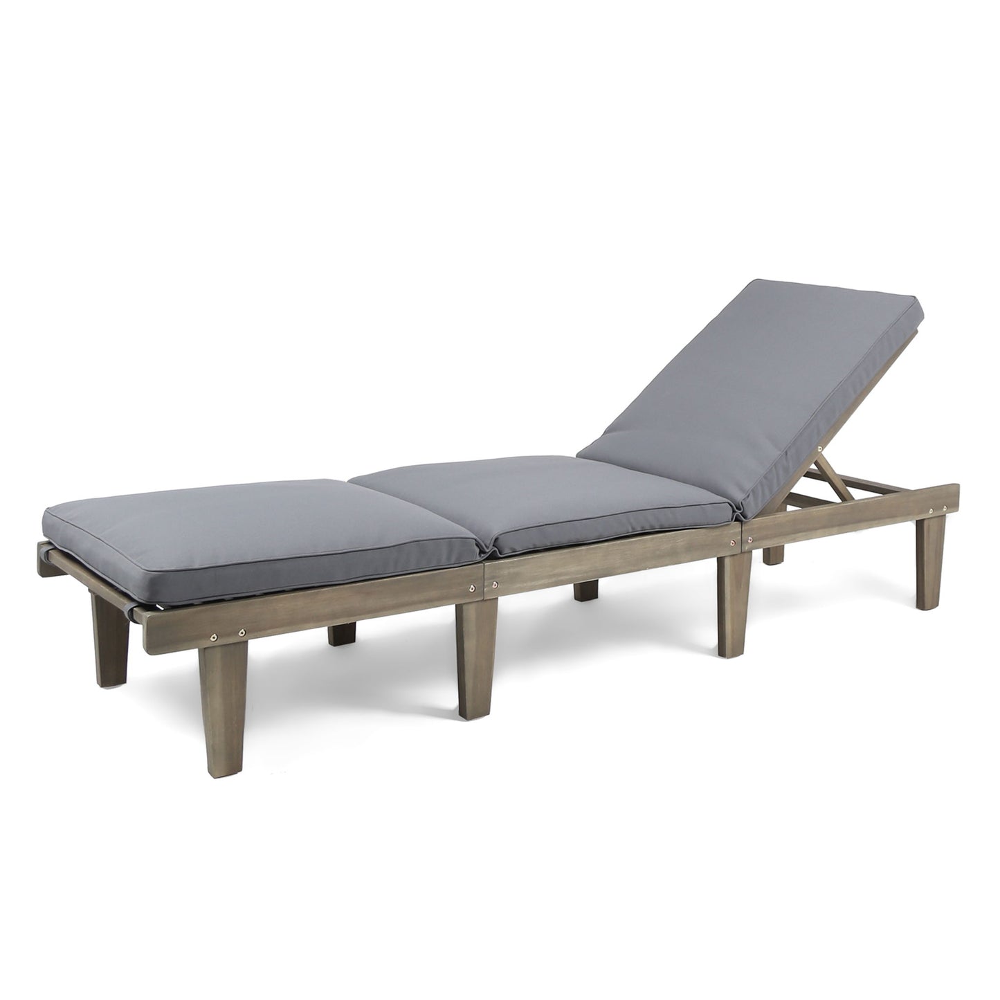 The Ariana Wood Chaise Lounge With Cushion features a modern wooden frame, thick gray cushions, and an adjustable backrest currently reclined for outdoor relaxation.