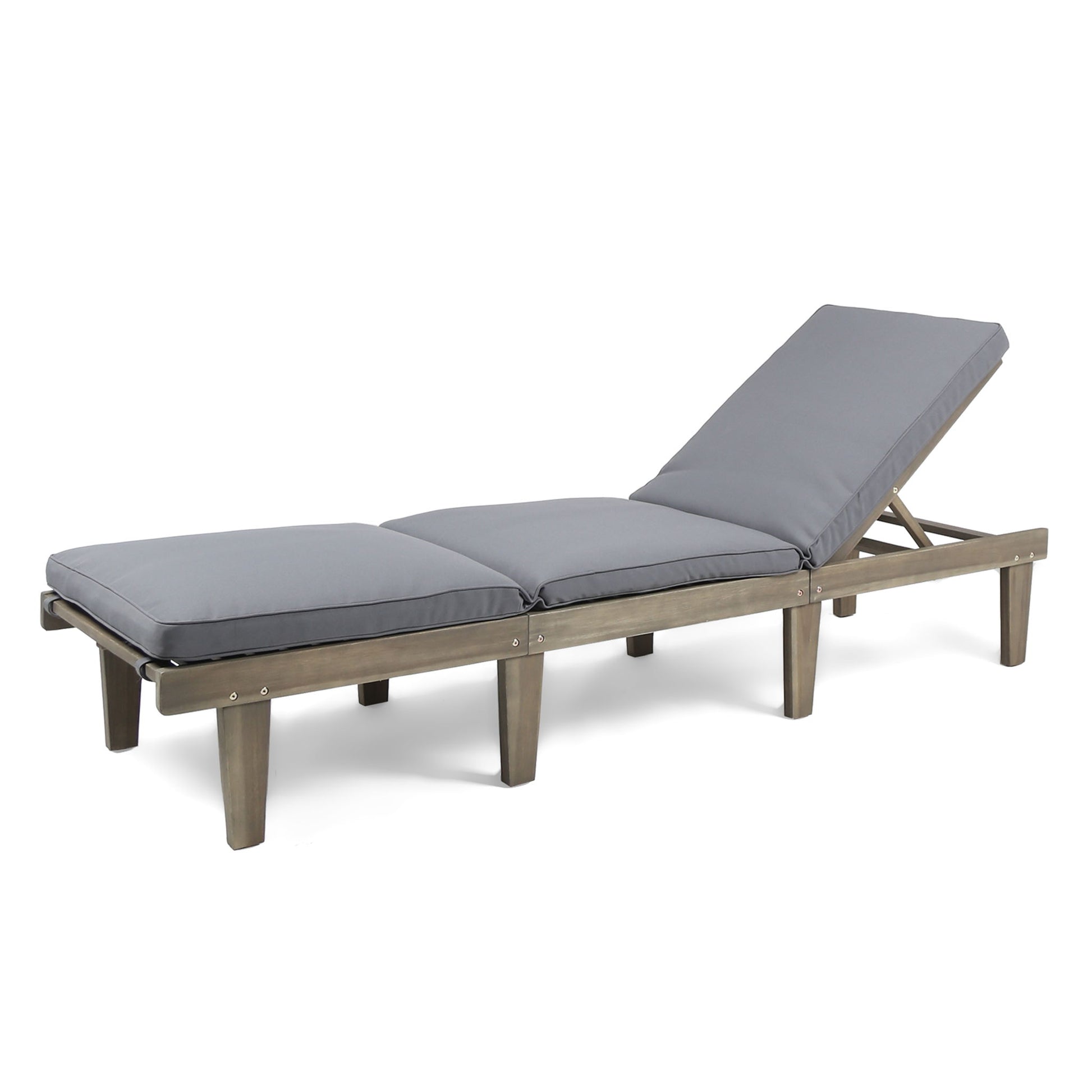 The Ariana Wood Chaise Lounge With Cushion features a modern wooden frame, thick gray cushions, and an adjustable backrest currently reclined for outdoor relaxation.