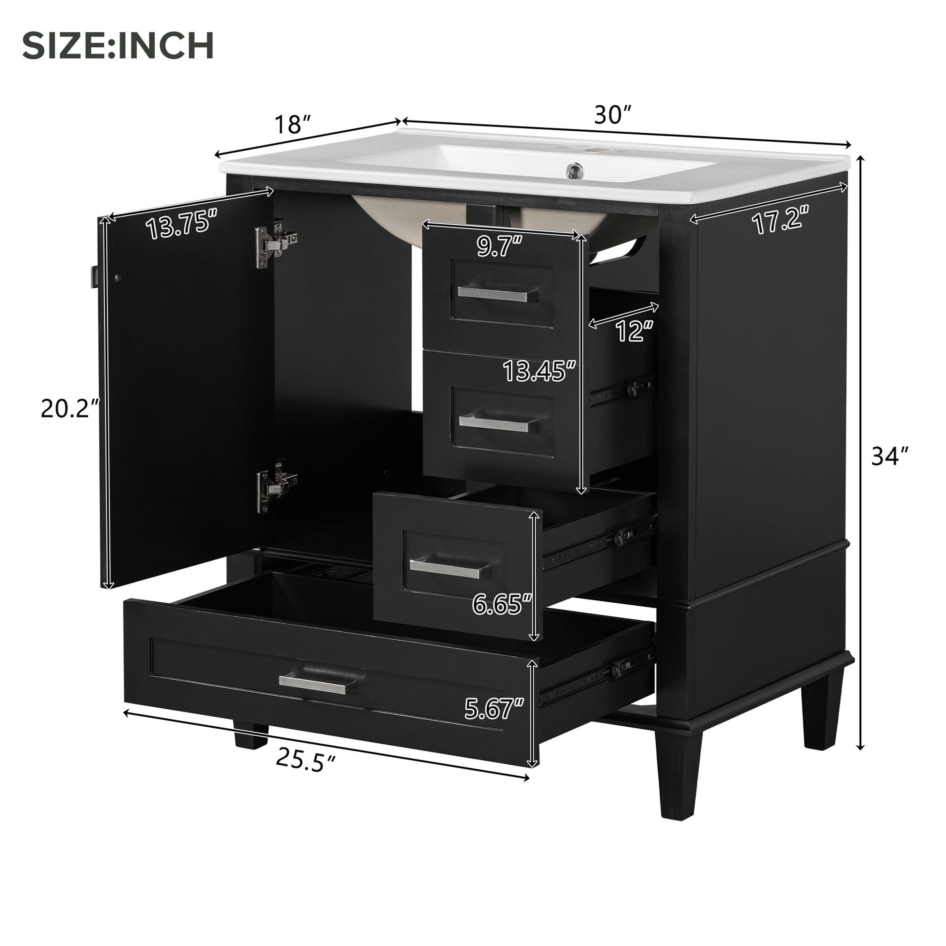 Modern bathroom vanity cabinet with white sink top, solid wood frame, soft-closing door, and three drawers. Dimensions: 34"H x 30"W x 18"D (inches) clearly labeled for cabinet and drawer sizes.